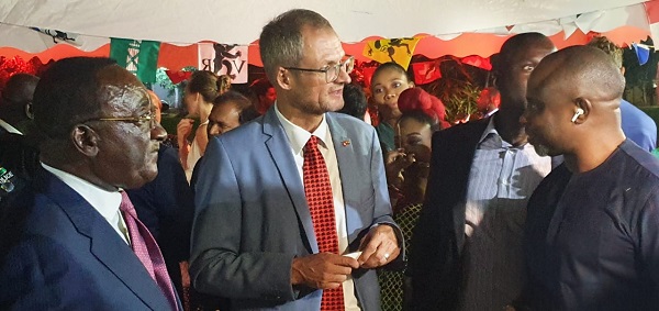 Dr Afriyie Akoto (left) and Mr Stalder (middle) in an interaction with a guest at the dinner. PICTURE: DELLA RUSSEL OCLOO Dr Afriyie Akoto (left) and Mr Stalder (middle) in an interaction with a guest at the dinner. PICTURE: DELLA RUSSEL OCLOO
